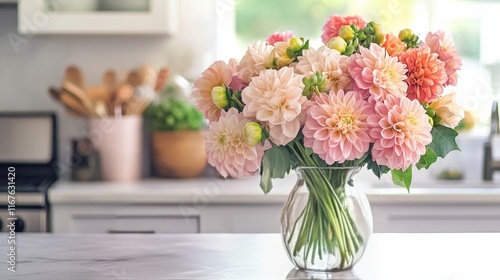 Beautiful bouquet of pink dahlias in a cozy kitchen setting with soft morning...