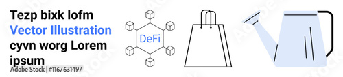 Blockchain DeFi diagram, shopping bag, and watering can elements. Ideal for e-commerce, financial technology, blockchain, gardening, online shopping digital security and growth themes. Landing page