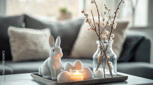 Decorative spring arrangement with a bunny figurine and pastel eggs on a wood...
