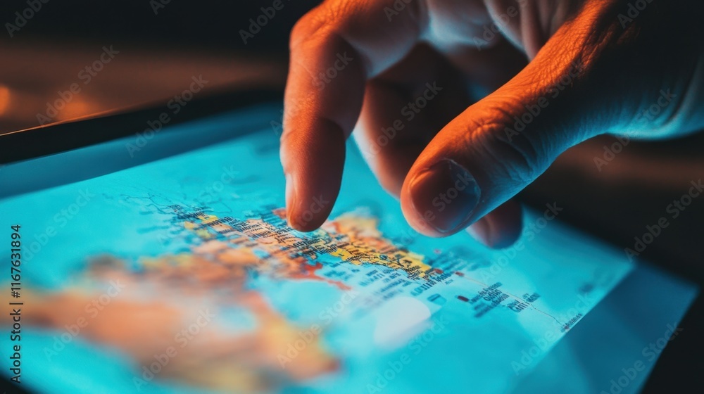 Fototapeta premium Close-up of Traveler Hand Using Tablet for Travel Plans