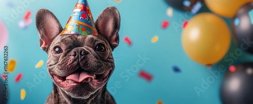 Happy dog celebrates birthday with colorful decorations and party hat