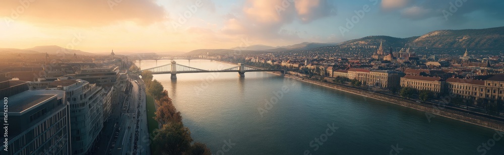 Panoramic view of river and bridges, panoramic panorama of cityscape of Hungary at sunset, front or top view of beautiful old European city, traditional architecture buildings Panoramic view of river and bridges, panoramic panorama of cityscape of Hungary at sunset, front or top view of beautiful old European city, traditional architecture buildings