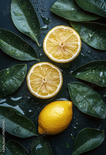 Fresh oranges and green leaves arranged on dark surface for a vibrant natural...