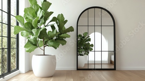 Modern interior featuring a tall plant and a sleek mirror in a bright, minima...