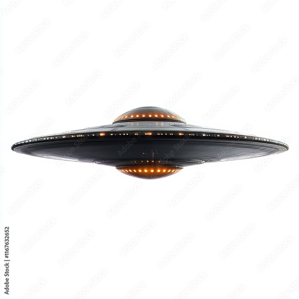 A UFO, Isolated on a White Background, Sci-Fi Concept, Extraterrestrial, Unidentified Flying Object, Space Exploration A UFO, Isolated on a White Background, Sci-Fi Concept, Extraterrestrial, Unidentified Flying Object, Space Exploration
