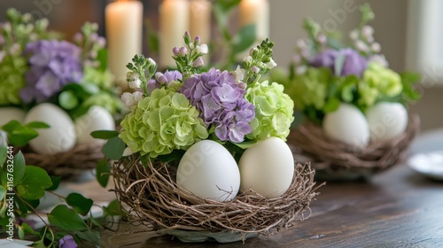 Beautiful floral arrangements with eggs in nests for spring celebration decor