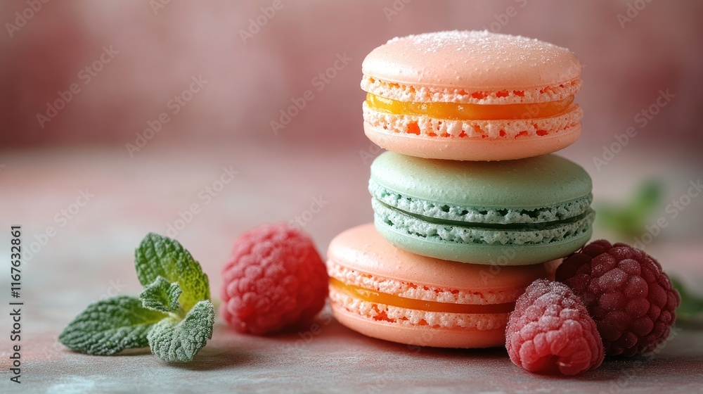 A stack of colorful macarons with raspberries and mint leaves, evoking a sweet treat aesthetic. A stack of colorful macarons with raspberries and mint leaves, evoking a sweet treat aesthetic.