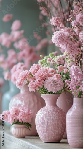 Beautiful arrangement of pink flowers in various vases at a bright interior l...