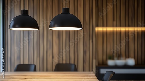 Modern dining area with pendant lighting and wooden wall decor