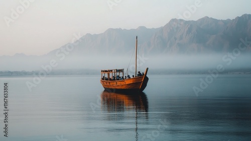 Calm boat on a misty lake surrounded by mountains at dawn