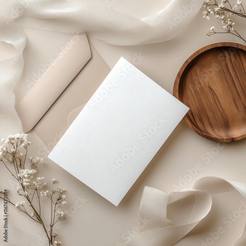 Elegant stationery arrangement with envelope and decorative elements on neutr...