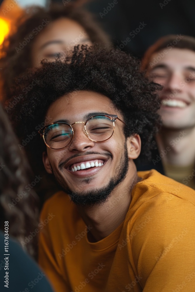 Obraz premium Smiling man, glasses, curly hair, group setting.