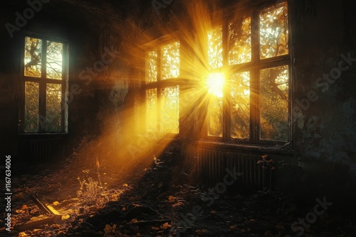 Sunlight streaming through windows in an abandoned industrial building at dusk