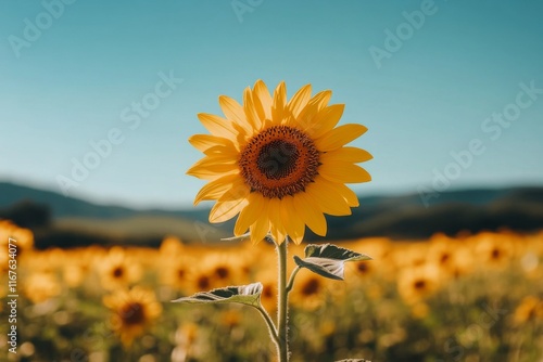 Sunflower field under bright blue sky with fluffy clouds and distant mountain...