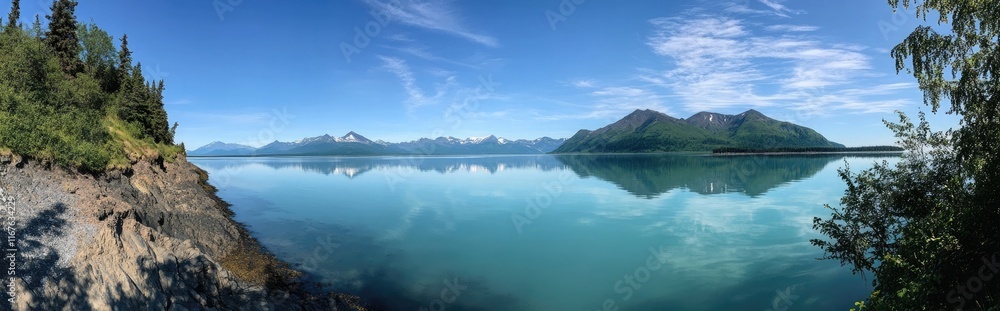 Panoramic view of the Alaskan landscape, with mountains and trees reflecting in the water, during summertime