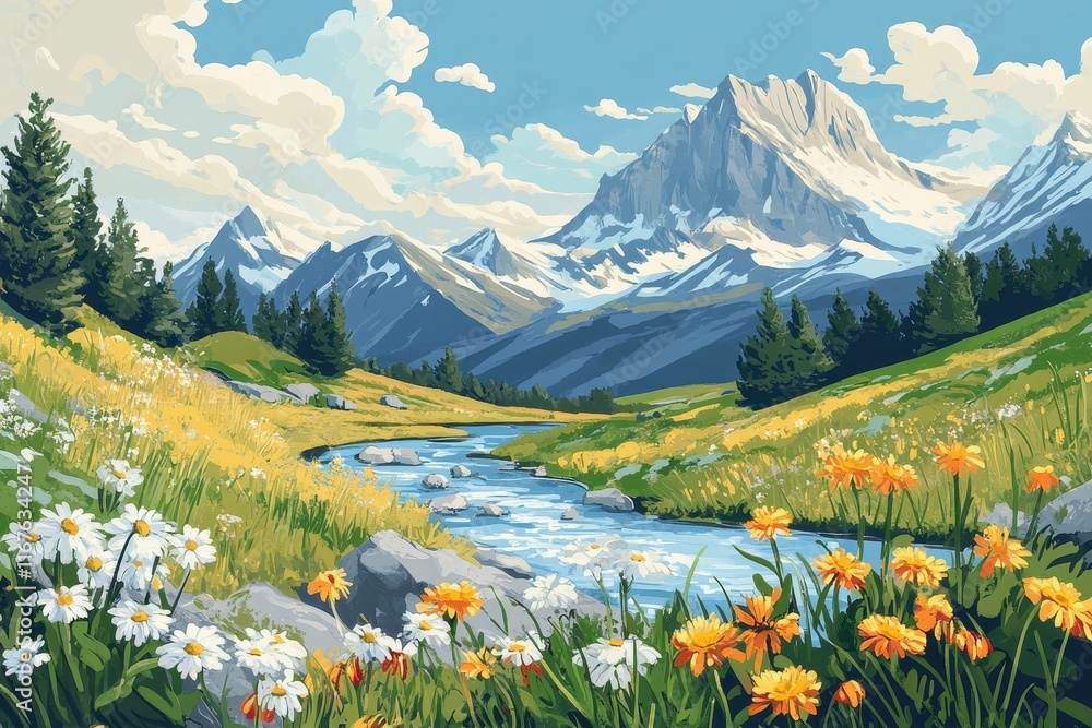 Fototapeta premium Scenic mountain landscape with a flowing river and vibrant wildflowers in a sunny meadow