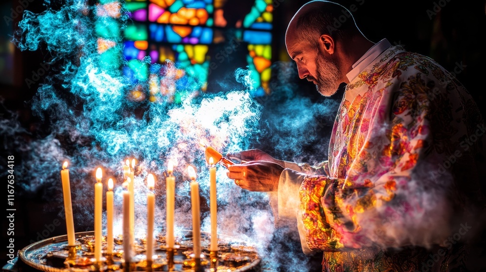 A Priest in a White Robe Lighting Candles at an Altar, Sunlight Through Stained Glass Windows, Spiritual Ceremony, Religious Service, Sacred Atmosphere A Priest in a White Robe Lighting Candles at an Altar, Sunlight Through Stained Glass Windows, Spiritual Ceremony, Religious Service, Sacred Atmosphere