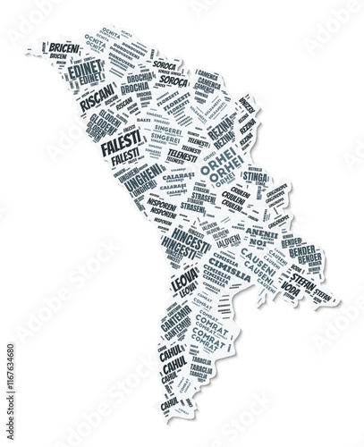 Moldova shape text cloud. Country border with shadow on white background. Moldova with regions division in vintage gazette style. Elegant vector illustration.