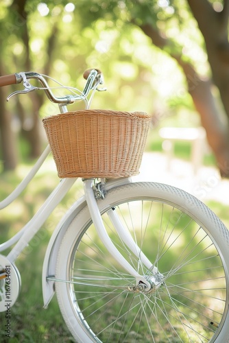 Bicycle with wicker basket near lush greenery on a serene pathway during gold...