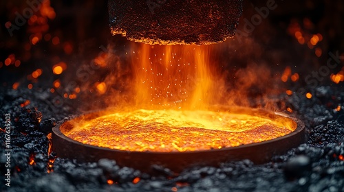 Molten metal pouring into a fiery crucible photo