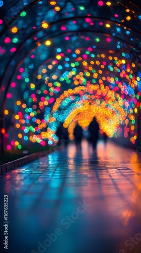 Colorful illuminated tunnel with silhouettes walking through a vibrant display