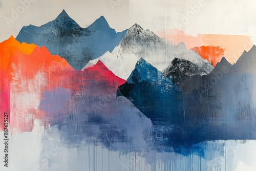 Abstract mountain landscape featuring bold colors and textured brushstrokes