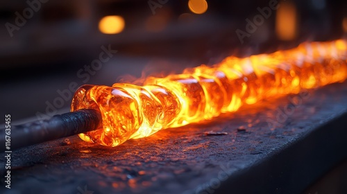 Molten glass rod glowing orange in a glass factory. photo