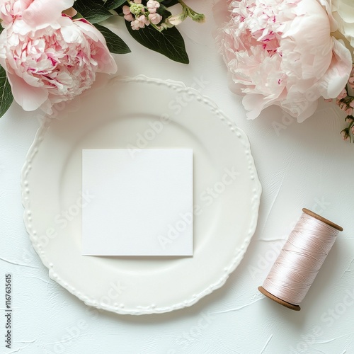 Crafting ideas with blank card, fresh peony flower, and spool of thread on wh...
