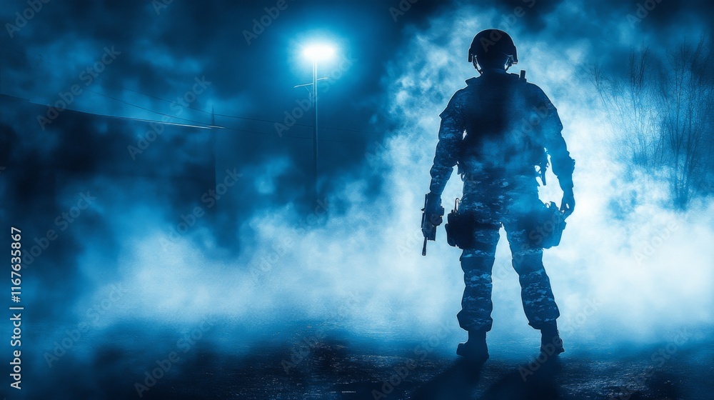 Fototapeta premium Personnel in Uniform Against Dim Industrial Background