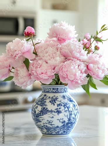 Elegant pink cherry blossoms in a blue and white vase on a marble countertop
