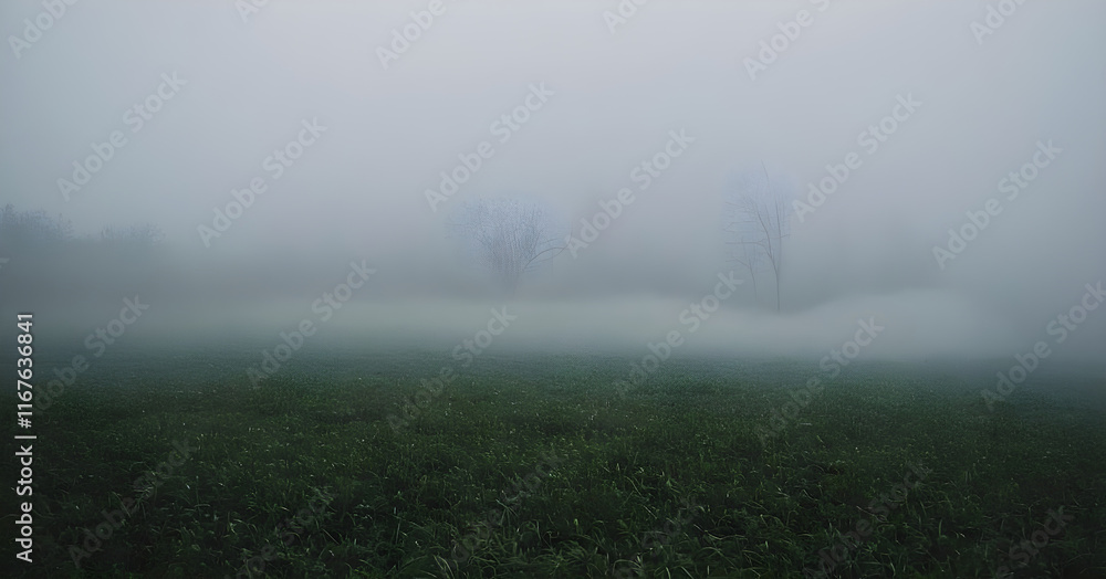 Fog covering the green meadow with bare trees in the background