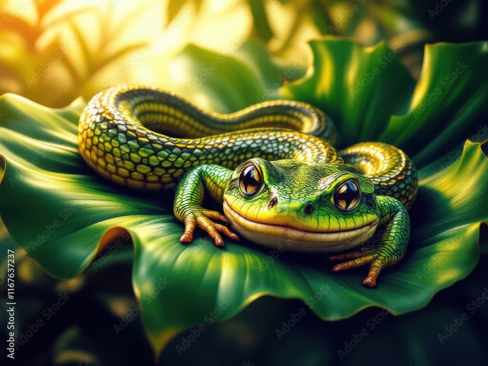 Obraz premium Whimsical Encounter: Snake and Frog on a Leaf