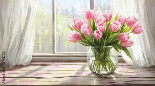 Vibrant bouquet of tulips in a glass vase near a sunny window