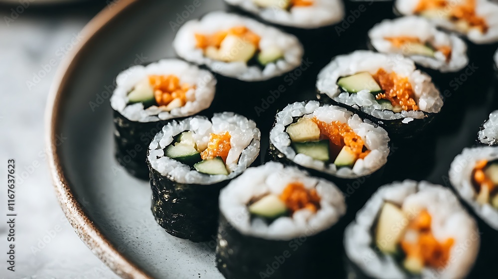 A close-up of a plate of vegetarian sushi rolls, with avocado, cucumber, and pickled ginger A close-up of a plate of vegetarian sushi rolls, with avocado, cucumber, and pickled ginger