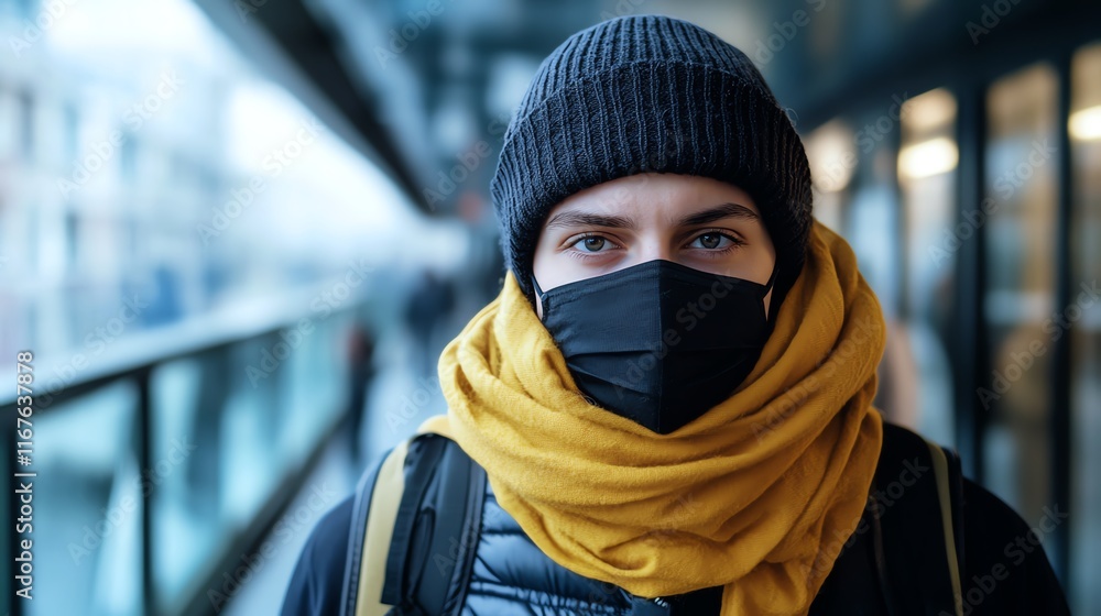 A photostock image of a person wearing reusable cloth face masks in a modern setting.--ar 16:9 A photostock image of a person wearing reusable cloth face masks in a modern setting.--ar 16:9