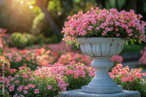 Beautiful pink flowers in a decorative pot illuminated by warm sunlight in a ...