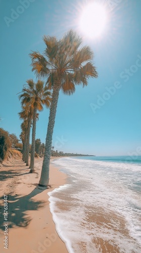 Relaxing beach view with palm trees on a sunny day