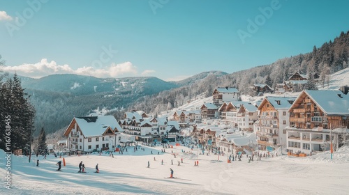 Winter sports enthusiasts enjoy skiing in a picturesque mountain village