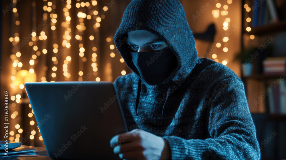 Obraz premium Cyber intruder engaging in hacking activities home office digital content nighttime close-up