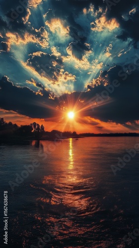 Stunning sunset over rolling hills with vibrant clouds and flowers illuminate...