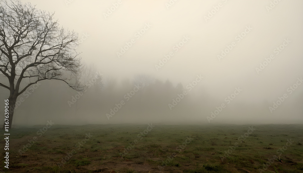 Bare tree standing on a grass field with fog covering the forest Bare tree standing on a grass field with fog covering the forest