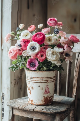 Freshly arranged ranunculus flowers in a rustic pot on a wooden chair indoors