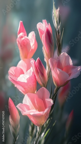 Soft pastel flowers in a serene garden illuminated by gentle sunlight during ...