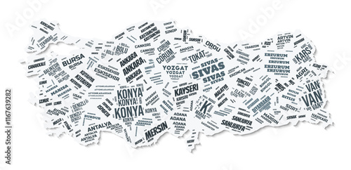 Turkey shape text cloud. Country border with shadow on white background. Turkey with regions division in vintage gazette style. Stylish vector illustration.