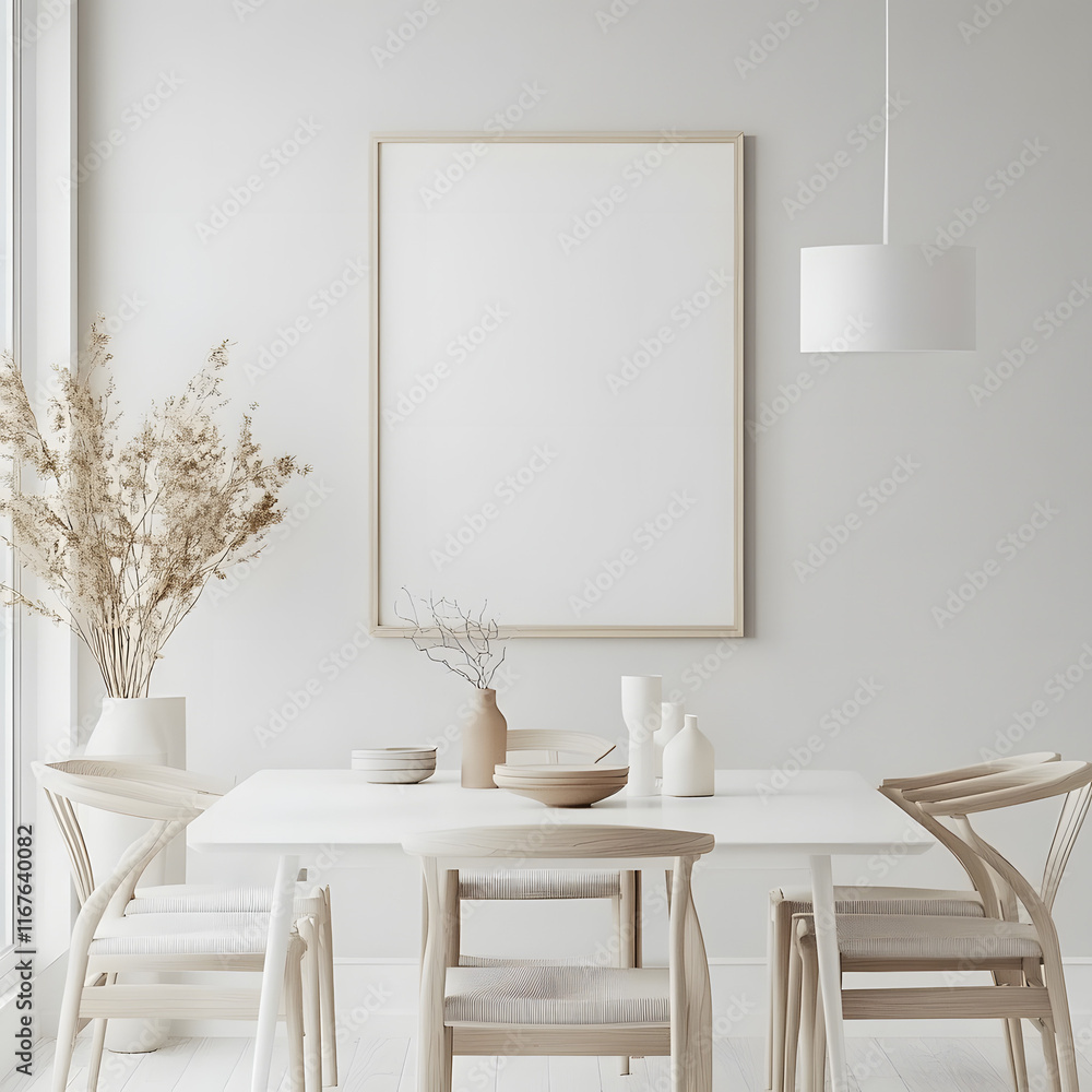 Fototapeta premium White wall with poster mockup, dining room interior design