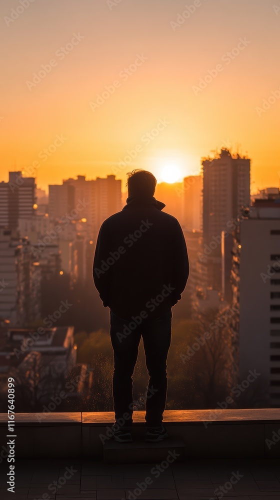 A person stands on a ledge, gazing at a vibrant sunset illuminating the urban skyline. The warm hues of orange and yellow contrast with the buildings, creating a peaceful moment A person stands on a ledge, gazing at a vibrant sunset illuminating the urban skyline. The warm hues of orange and yellow contrast with the buildings, creating a peaceful moment