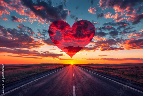 heart on the road valentine day 14th February 2025 with rose flower gift love and heart affair romance and romantic