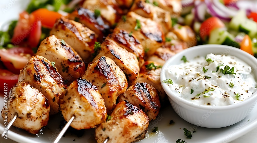 A close-up of a plate of grilled chicken souvlaki, served with tzatziki and a side of Greek salad. A close-up of a plate of grilled chicken souvlaki, served with tzatziki and a side of Greek salad.