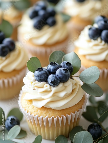 Blueberry topped cupcakes with creamy frosting and green leaves on a decorati...