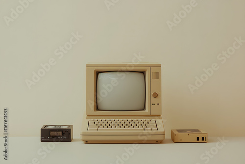 Photo of an old beige Apple IIe computer with a flat display and keyboard photo